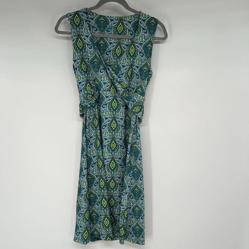 Prana Womens Faux Wrap Dress M Green V-Neck Stretch Paisley Floral A Line Boho